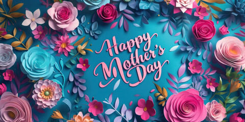 Flowers around the text “Happy Mother's Day”, greeting card background