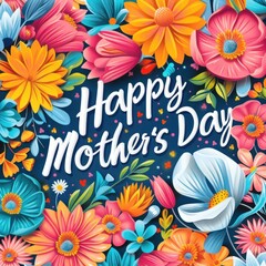 Colorful flowers around the text “Happy Mother's Day”, greeting card background