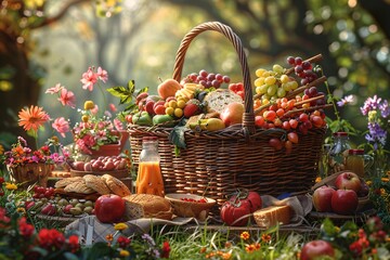 a wicker basket overflowing with fresh fruits and vegetables sitting on a wooden table. Some of the identifiable fruits and vegetables include grapes, apples, pears, tomatoes, and peppers. A colorful 