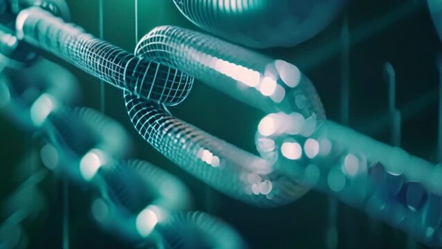A futuristic depiction of blockchain technology powering a wide range of applications, from finance to healthcare to supply chain management.