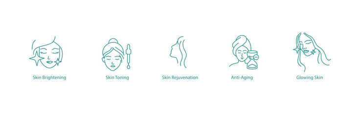 Skin Brightening, Wrinkle Reduction, Retinol, Niacinamide, Glow in Skin Vector Icons Set