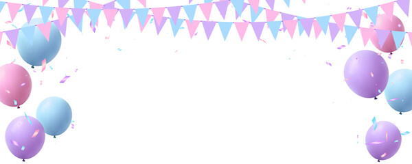 Mother day frame banner with purple, pink and blue color balloon, flag and confetti