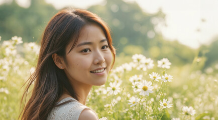 Close up portrait of young asian woman in summer or spring flower field, meadow enjoying sunny day, relaxing outdoors, romantic getaway in countryside nature
