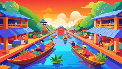 Fototapeta premium floating market in Thailand BANGKOK,THAILAND - JANUARY 30 : Damonen saduak floating market illustration Colorful Minimalist Illustration of Bangkok's Floating Market
