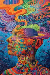Colorful psychedelic pattern of the head of a woman with a hat