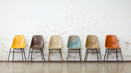 Row of colour chairs against wall earth tones vintage rustic