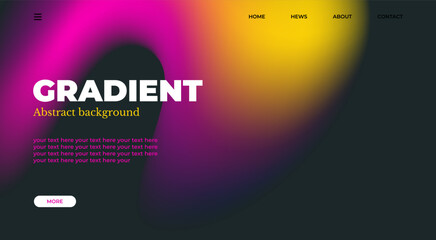 Abstract gradient web page design template, background with smooth blur shapes and sample text, copy space. Yellow, red. pink and black color.Copy space.Wavy liquid gradient mesh.Grapic design.