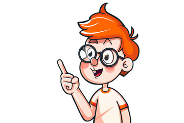 A cartoon boy with glasses pointing to something
