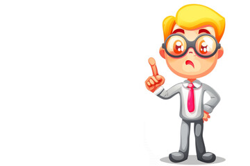 A cartoon man with glasses and a red tie is pointing to something. He is wearing a tie and he is a businessman. white background