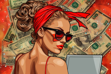 A woman wearing sunglasses and a red bandana stands in front of a pile of money