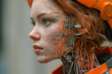 A woman with a face made of wires and circuits. The woman has a blue eye and orange hair