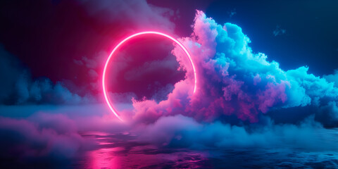  Abstract cloud illuminated with neon light ring on dark background - obrazy, fototapety, plakaty