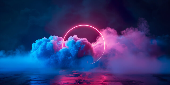  Abstract cloud illuminated with neon light ring on dark background