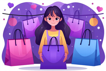 A woman is holding a purple bag and standing in front of a bunch of other bags