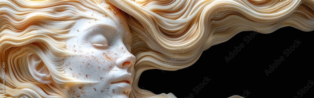 Poster a detailed view of a sculpture portraying a womans face, capturing her features and expression with 