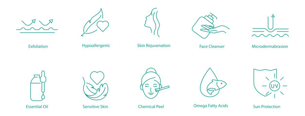 Exfoliation, Hypoallergenic Skin Rejuvenation, Face Cleanser, Microdermabrasion, Skin Toning, Essential Oil, Sensitive Skin, Chemical Peeling, Omega 3 Fatty Acid, Sunscreen Vector Icons Set
