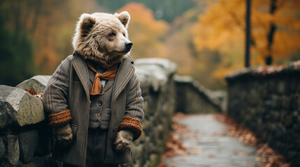 A bear wearing a suit and tie stands on a stone wall