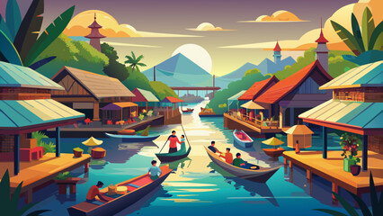 Obraz premium floating market in Thailand BANGKOK,THAILAND - JANUARY 30 : Damonen saduak floating market illustration Colorful Minimalist Illustration of Bangkok's Floating Market