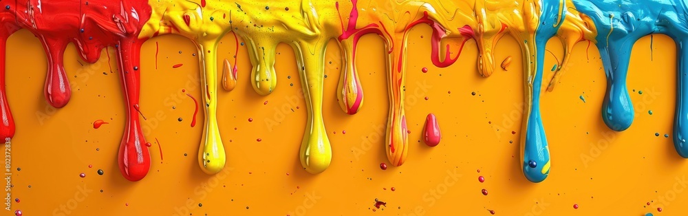 Poster multiple streams of paint dripping down a bright yellow wall, creating a colorful and dynamic visual