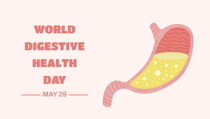 World Digestive Health Day May 29 poster concept with stomach, gastric juice and inscription. Design element for medical banner. Vector illustration.