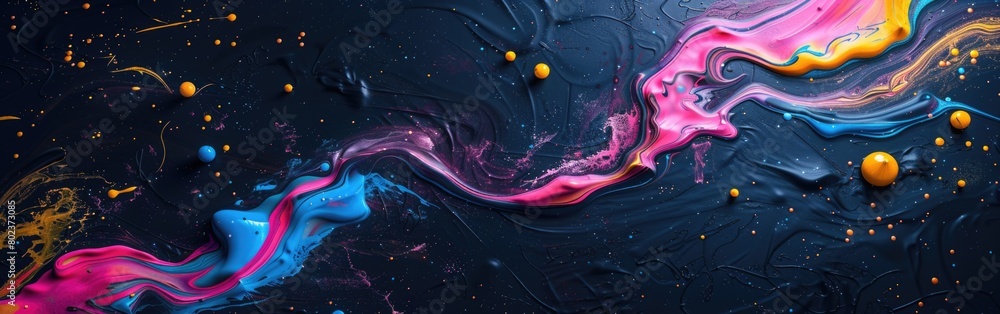 Poster a dynamic abstract painting featuring a variety of vibrant colors and distinct shapes layered throug