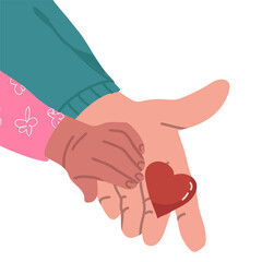 Adult and child hands holding red heart, health care, donate,