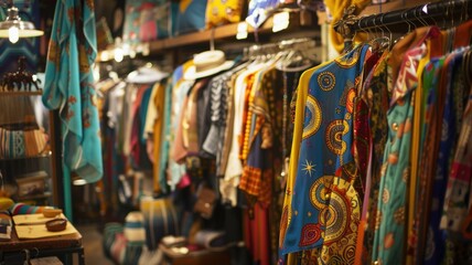 Vintage shop scene with a collection of retro clothing and accessories featuring astrology motifs, like zodiac sign scarves , arranged in an eclectic