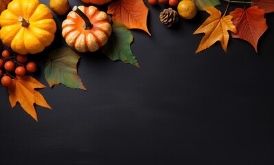 Thanksgiving Autumn decoration leaves and pumpkin on dark background