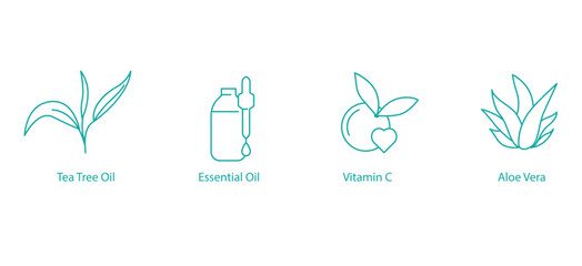 Vector Icon Set: Tea Tree Oil, Essential Oil, Vitamin C, Aloe Vera