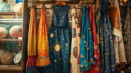 Vintage shop scene with a collection of retro clothing and accessories featuring astrology motifs, like zodiac sign scarves , arranged in an eclectic