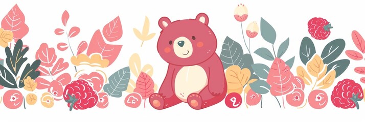 Illustration of a cute bear among flowers and raspberries on a white background, children's illustration for a book, banner