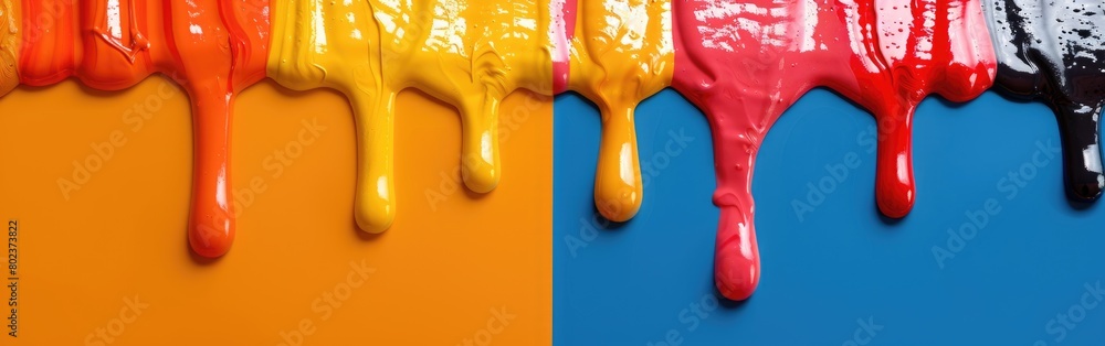 Poster a vibrant row of paint colors is dripping down the side of a wall, creating a visually striking effe