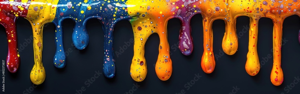 Poster a group of vibrant multicolored paint drips cascading down a black background in an abstract artisti