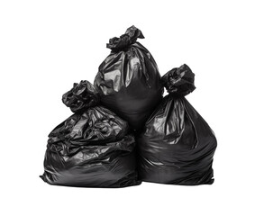 A pile of tied-up black garbage bags, neatly stacked, on a transparent background, indicating waste management. Generative AI