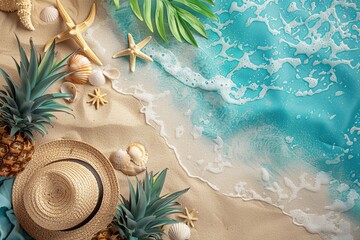 summer concept with beach accessories, straw hat, fresh pineapple. sea banner
