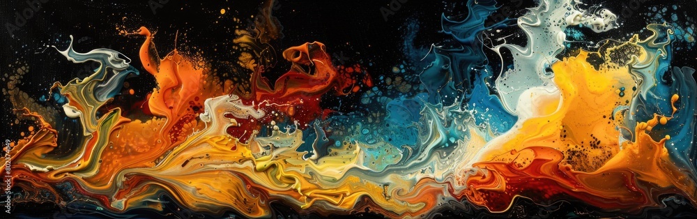 Poster a dynamic abstract painting filled with a variety of vivid colors and intriguing shapes, creating an