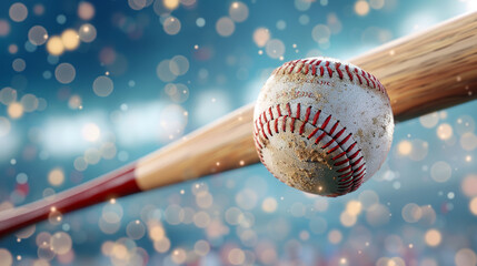 Baseball hitting a bat, detailed stadium audience, evening game, dynamic 3D vector,