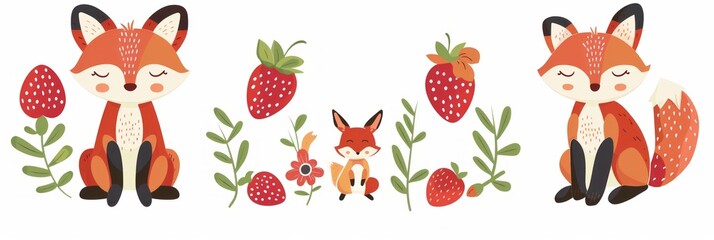 Illustration of a cute little fox among flowers and raspberries on a white background, children's illustration for a book, banner