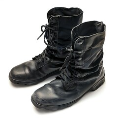 Pair of black military boots isolated on white background with shadow