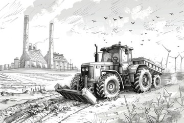 Black and white drawing of a tractor in a field. Suitable for agricultural concepts