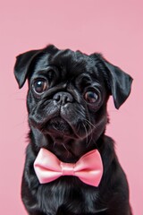 Cute black dog with a stylish pink bow tie, perfect for pet-related designs