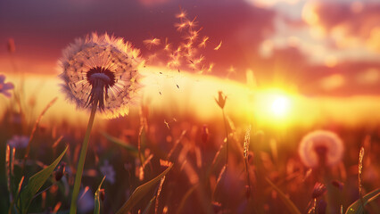Obraz premium Golden Hour Whispers: Dandelion Fluff at Sunset