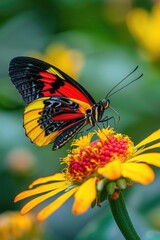 Fototapeta premium Beautiful red and black butterfly perched on a vibrant yellow flower, suitable for nature and wildlife themes