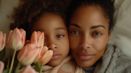 A woman and a little girl lying side by side, sharing flowers, smiling and happy