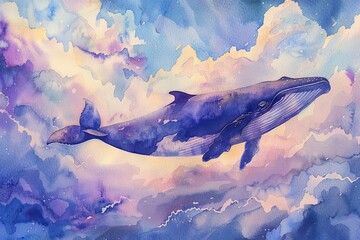 Watercolor illustration of a beautiful whale swimming in  sky, happy ocean day
