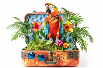 Open retro suitcase with seascape and sand, palm trees and parrots