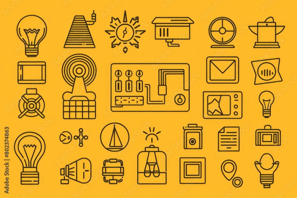 Poster collection of colorful icons on a vibrant yellow background. ideal for web design projects