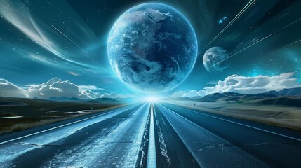 A road, with two sides, stretches towards a futuristic Earth with a big planet