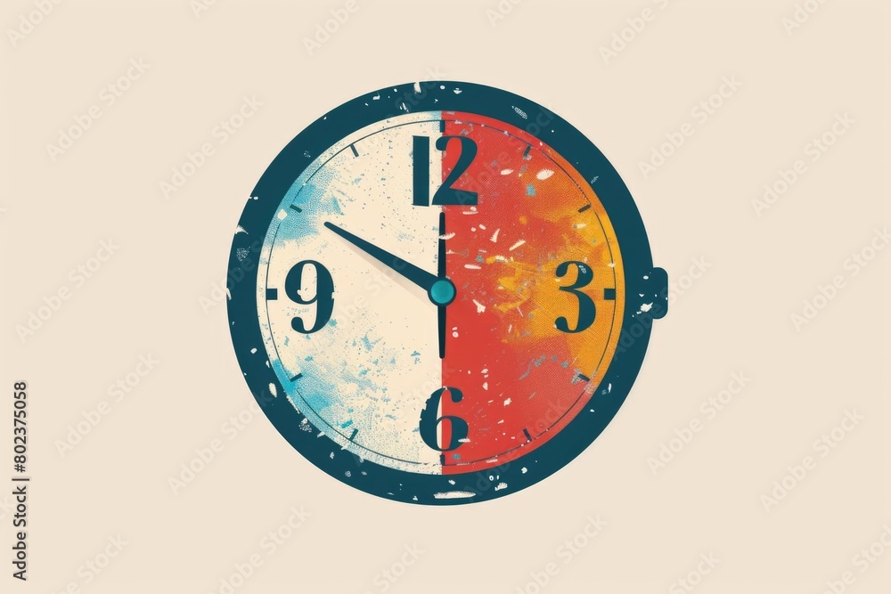 Poster a clock with a red and blue face, suitable for various time-related concepts