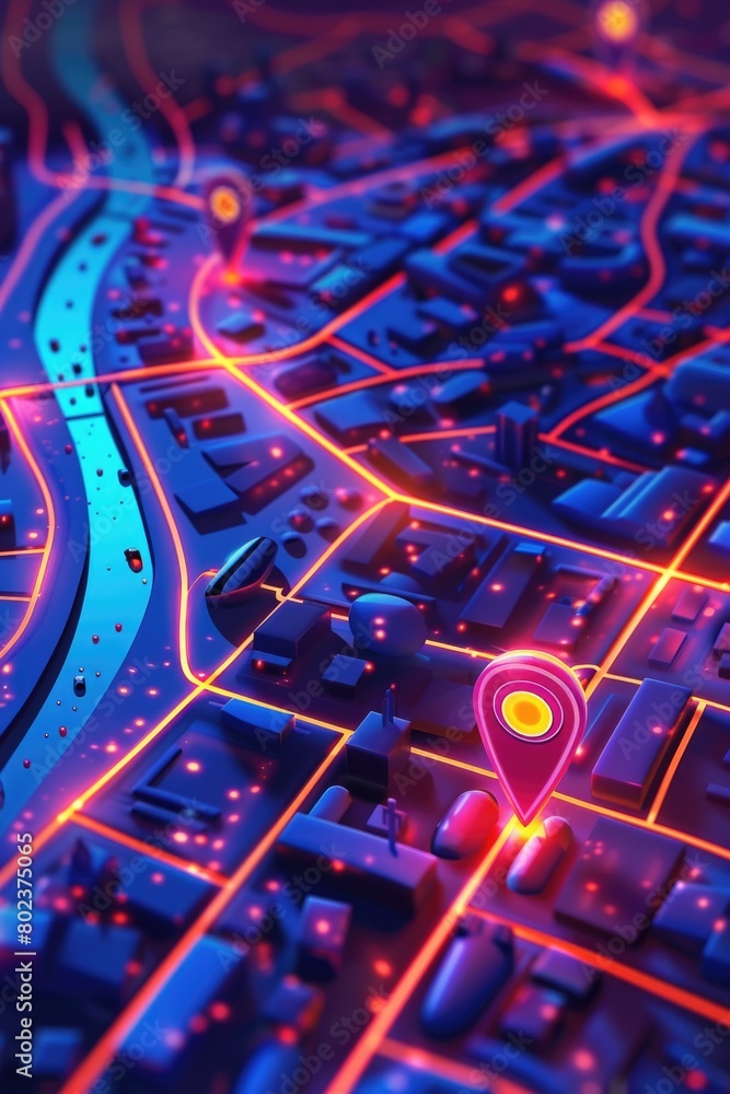 Poster a map with a pin pointing to a city location. ideal for travel and navigation concepts